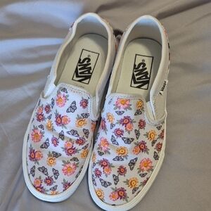 Vans Size 7 White Floral and Butterfly Slip-Ons